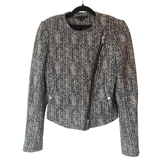 Theory Joean Herringbone Lamb Leather Trim Moto Jacket 2 Grey Black Biker - Picture 4 of 11